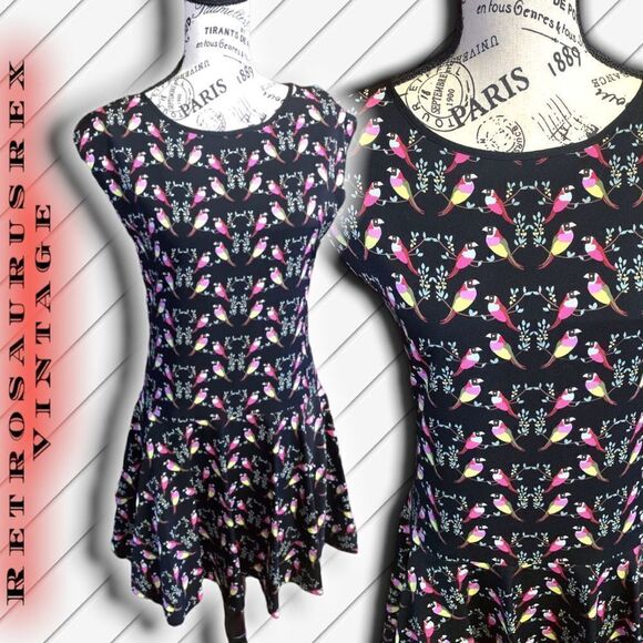 CECE Bitsy Bird Black Drop Waist Mini Dress Cynthia Steffe Size 0 - Picture 1 of 8